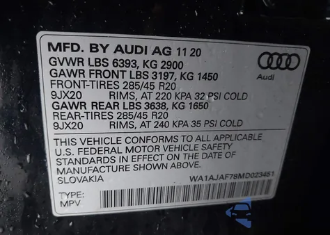2021 Audi Q7 Premium 45 Tfsi Quattro Tiptronic z USA, uszkodzony, nr VIN WA1AJAF78MD023451